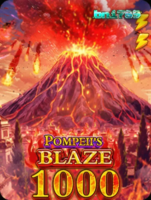 Tampilan visual slot Pompeii’s Blaze 1000 dengan latar belakang Gunung Vesuvius yang membara.
